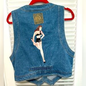 Denim Jean Jacket Vest Vintage Handmade Rhinestone Design size medium like new